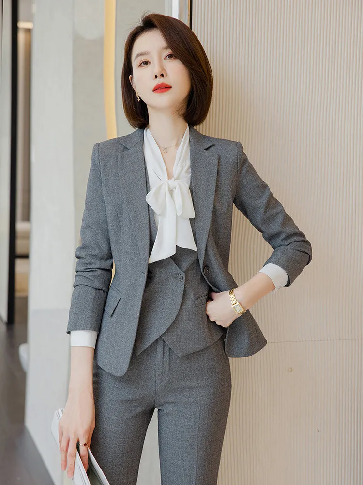 

Formal Professional Business Suits for Women Blazers Feminino Ladies Office Work Wear Female Pantsuits Trousers Set Elegant Grey