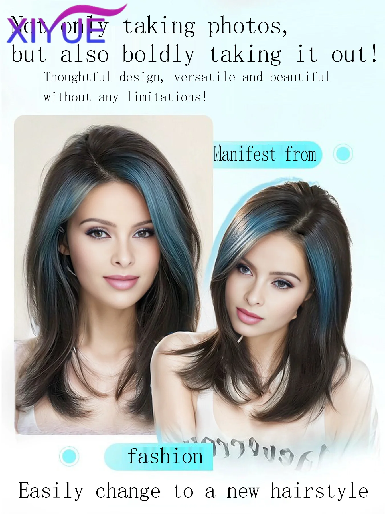 XIYUE Synthetic Topper Hairpiece Highlighted Purple Pink Bangs Middle Part Straight Bangs Covering White Hair Closure Hairpiece