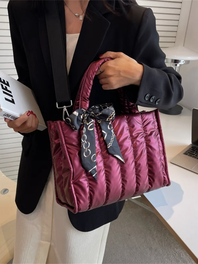 Elegant Women's Totes Bag with Silk Scarf Accent Quilted Crossbody Bags for Women Casual Solid Color Padded Women's Shoulder Bag - 3
