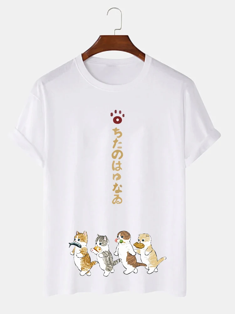 

Женская и мужская футболка с мультяшным котом и японскими буквами, с коротким рукавом, 100% хлопок, свободная Летняя Повседневная футболка с вырезом лодочкой