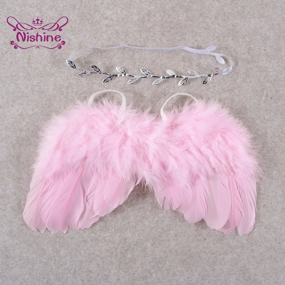 Juego de accesorios de fotografía para recién nacido, pluma blanca y rosa, ala de Ángel con hojas, diadema, regalos de cumpleaños para niños pequeños, 2 piezas por juego