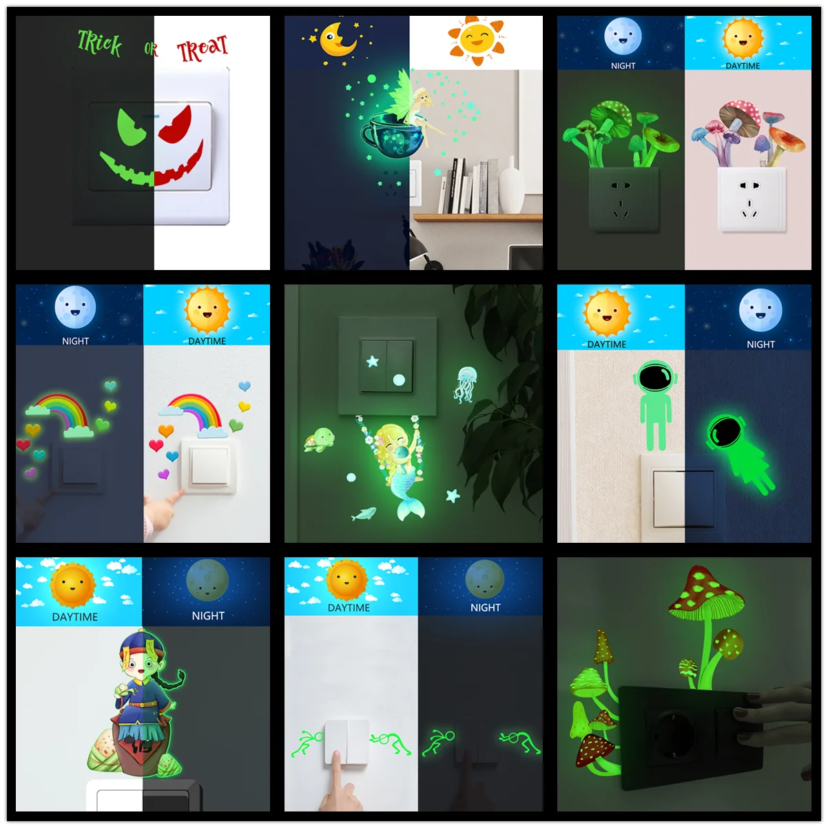

Boutique Cartoon Switch Sticker Glow in the Dark Sticker Fluorescent Fairy Moon Stars Sticker Kid Room Decoration Home Deco