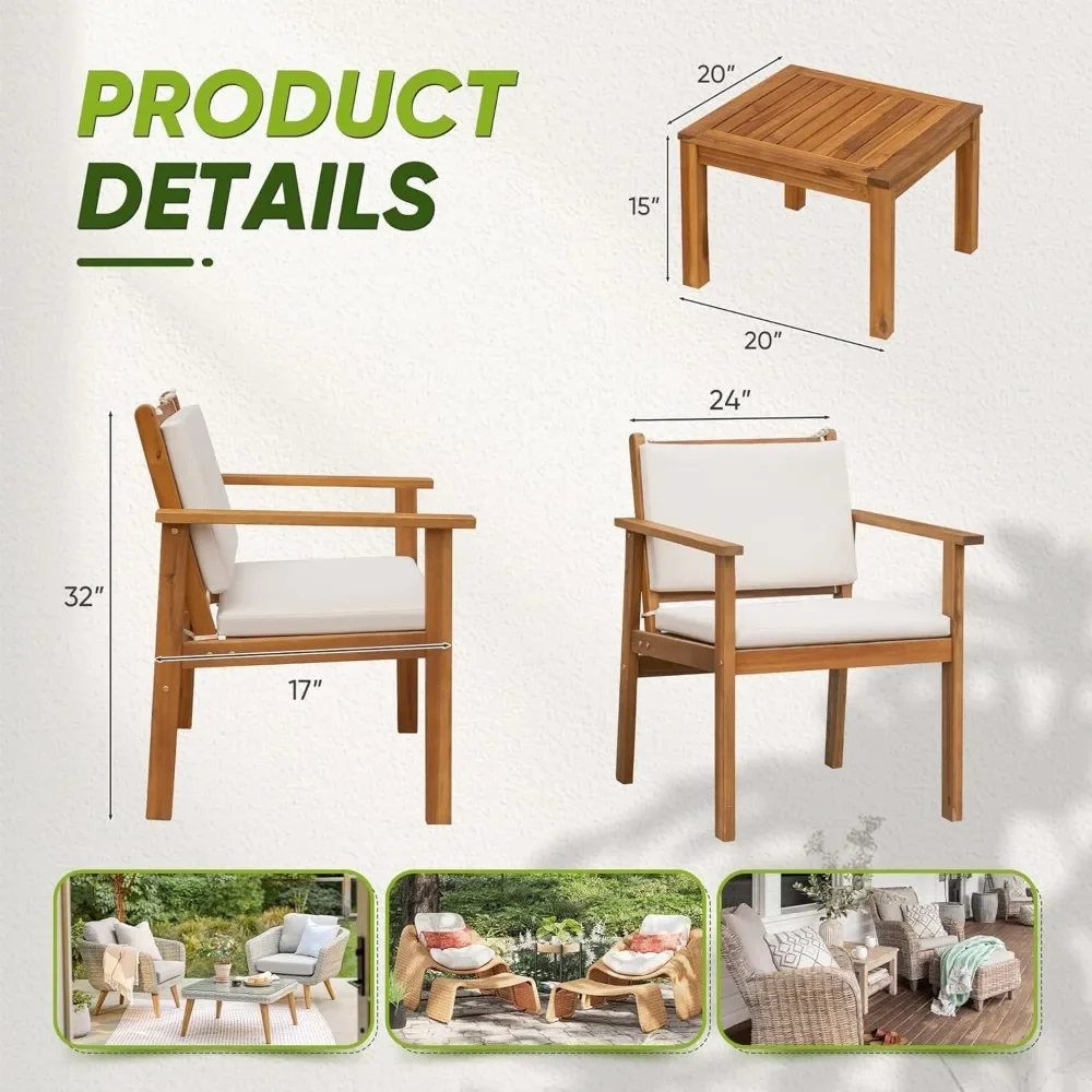 Acacia Wood Patio Furniture with Coffee Table & Cushions Outdoor Conversation Set Balcony Chairs for Porch, Deck 4