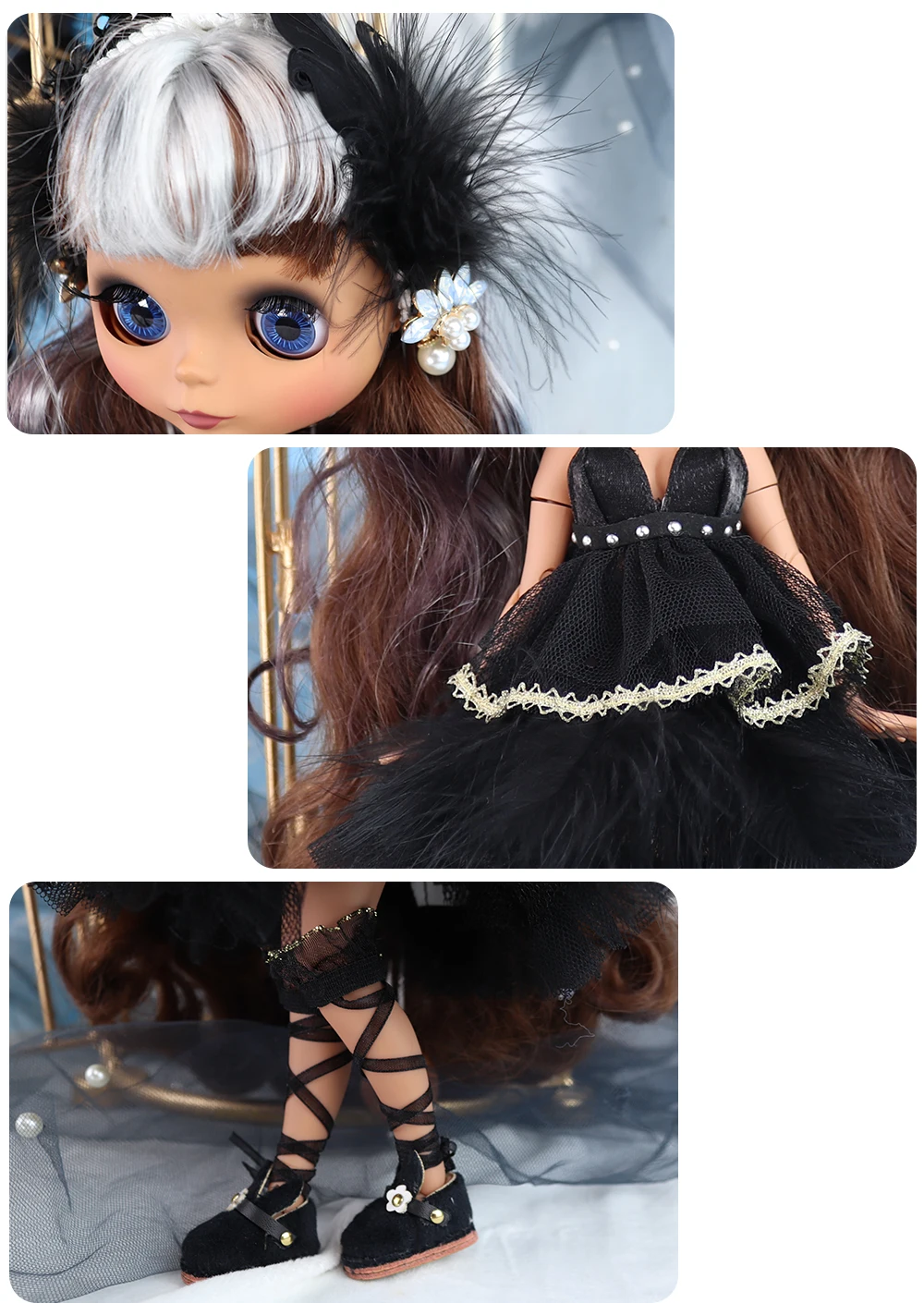 Neo Blythe Doll Elegant Black Net Dress with Feathers Headband 3