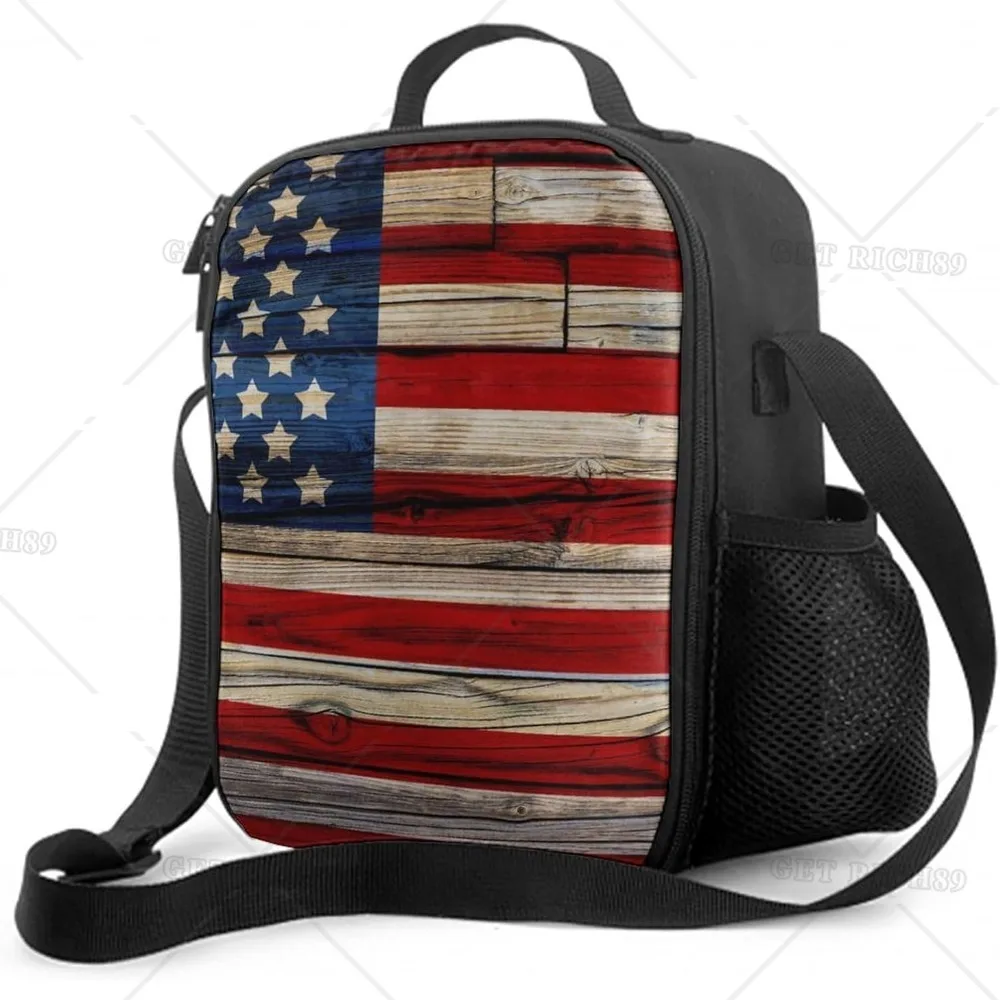 

Vintage Wooden American Flag Durable Lunch Bag for Women Men Boys Girls Reusable Box Insulated Bag for Work Office Trip School