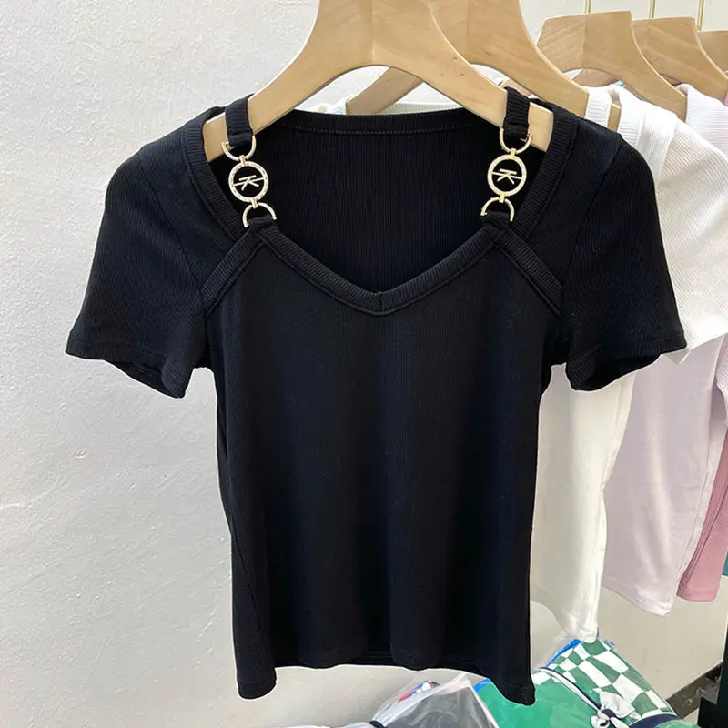 

Summer Chic Sexy Off-the-shoulder Short Sleeve T-shirt Women's Design Sense Niche Slim V-neck Sweet and Spicy Short Top
