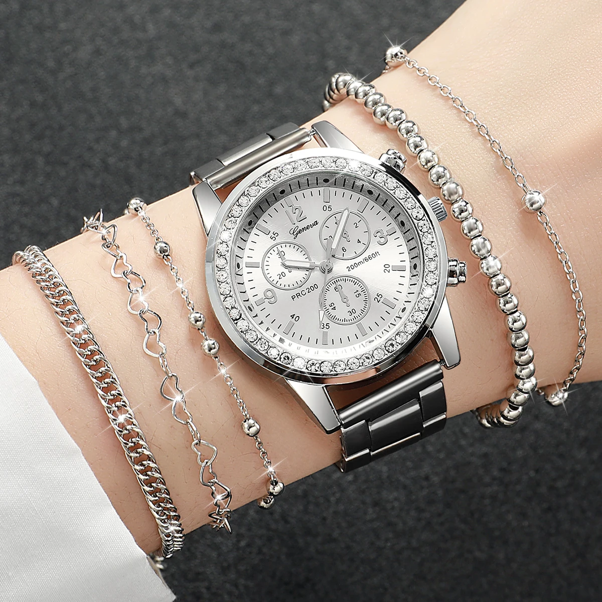 6pcs/Set Stainless Steel Women's Watch High end Diamond dial Fashion Quartz Women's Watch