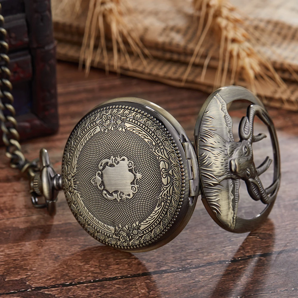 Animal Goat Mechanical Pocket Watch Male Gold Steampunk Skeleton Luxury Engrave Fob Chain Clock for Men reloj de madera Necklace