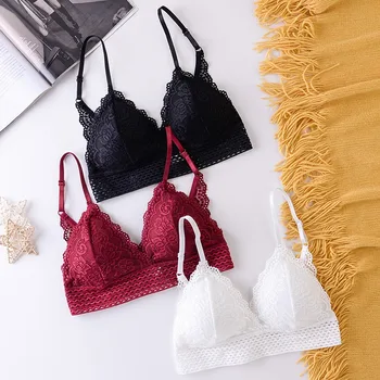 Reggiseno Floreale in Pizzo da Donna, Senza Ferretto, Imbottito, Tinta Unita, Scollo a V, Lingerie Sexy, Intimo Morbido da Donna