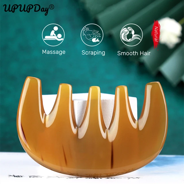 Natural Ox Horn Gua Sha Massage Comb for Head Neck Body Health Care Relax 5-tooth Widened Meridian Comb Keratin Anti-Hair Loss
