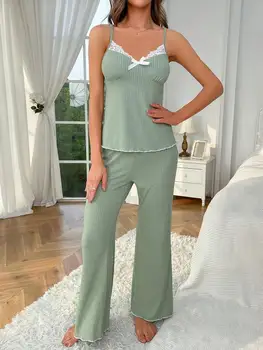 Ribbed Lace Trim Bow Front Pajama Set Women Sleepwear