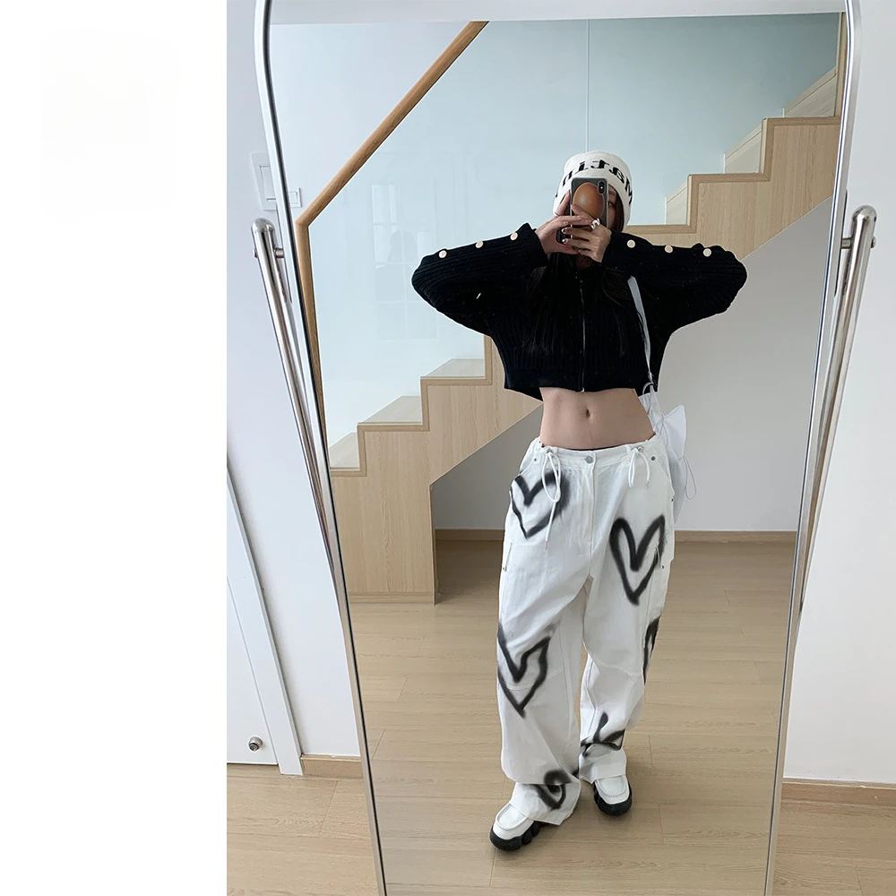 Fashion Spice Girl Minority Jeans Women's Spring New Sweet and Cool Heart-shaped Graffiti Jeans Wide-leg Pants Baggy Jeans Women