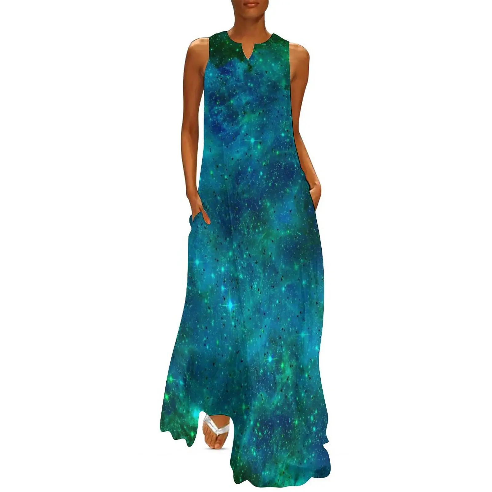 

Green Galaxy Dress Asteroid And Constellation Party Maxi Dress Aesthetic Casual Long Dresses Lady V Neck Design Oversize Vestido