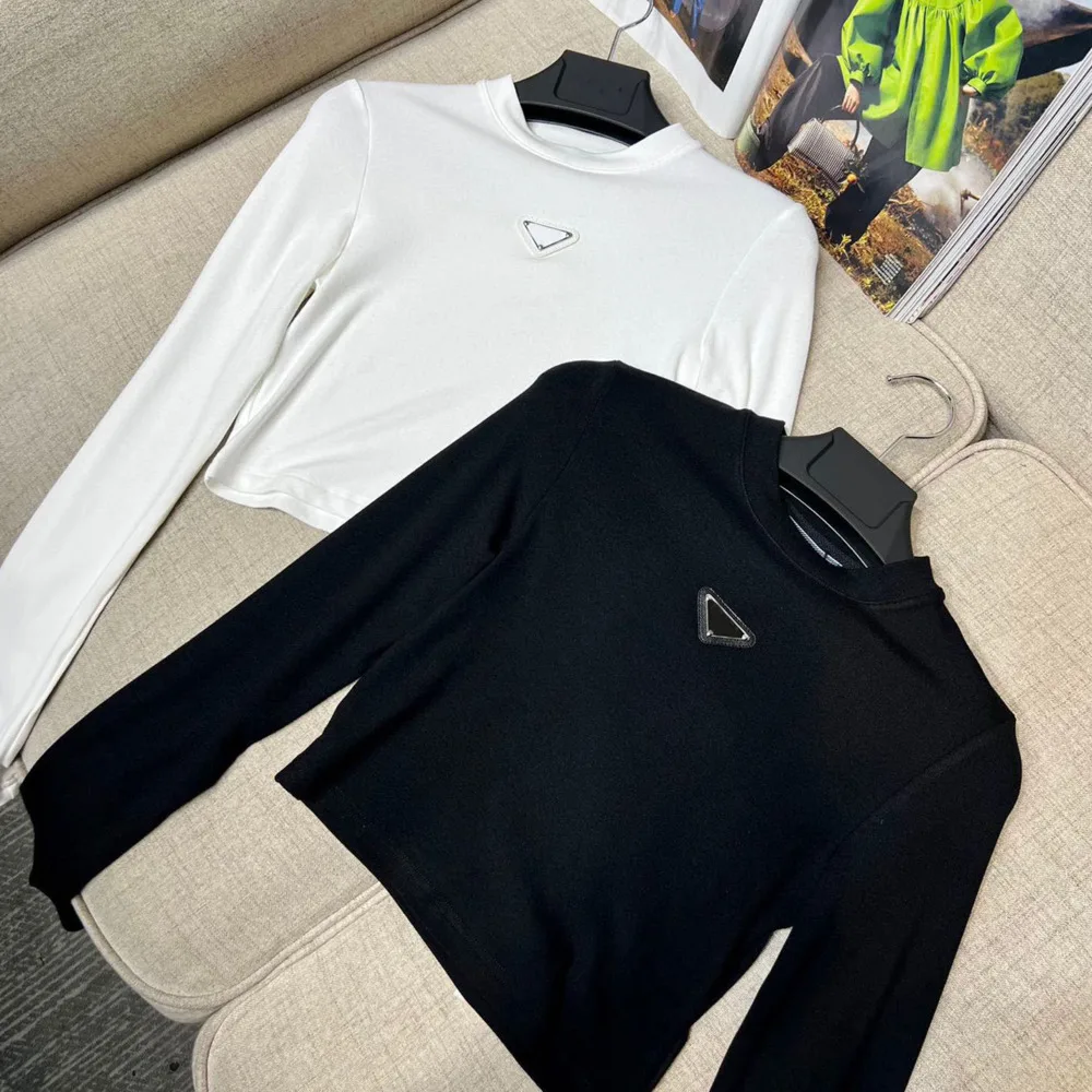 

Autumn New T-shirt Women Fashion Classic Triangle Decor O-Neck Slim Fit Long Sleeve Off Waist Short Versatile Underlay Shirt