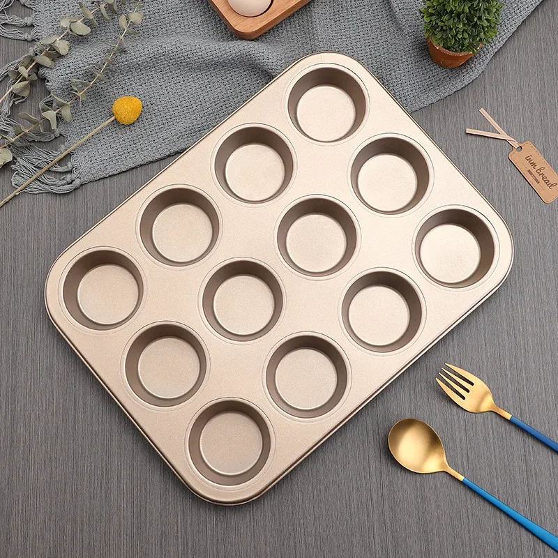 12 Holes Cupcake Baking Tray Non-Stick Steel Muffin Cake Mould Round Pudding Cookies Pan Biscuit Baking Sheet Baking Supplies