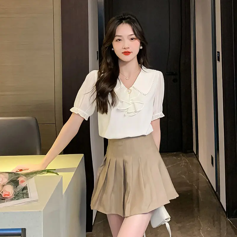 Sweet Peter Pan Collar Beading Ruffles Puff Sleeve Shirts Female Clothing 2024 Summer Loose Casual Tops Chic Chiffon Blouses