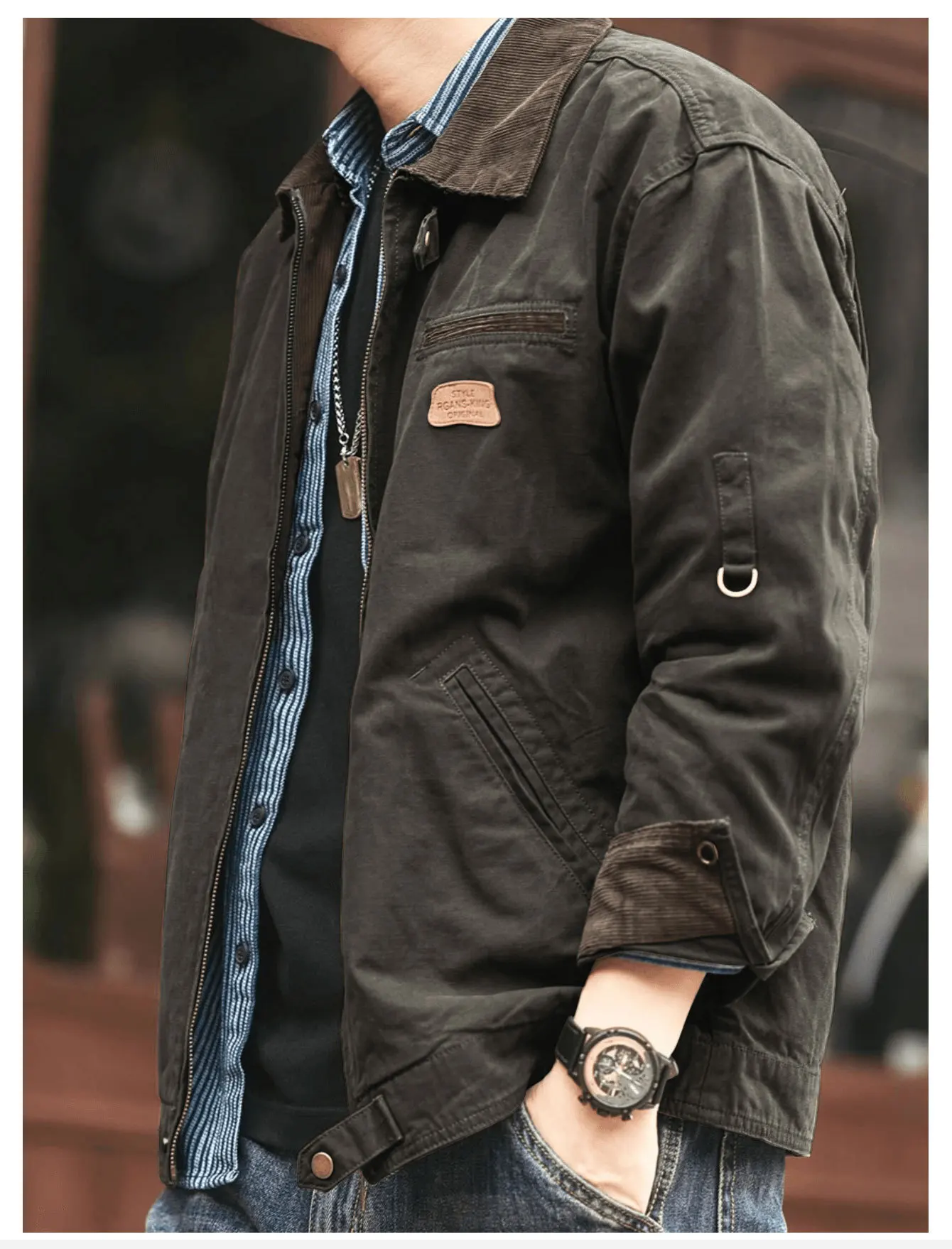 Brown canvas jacket styled with jeans