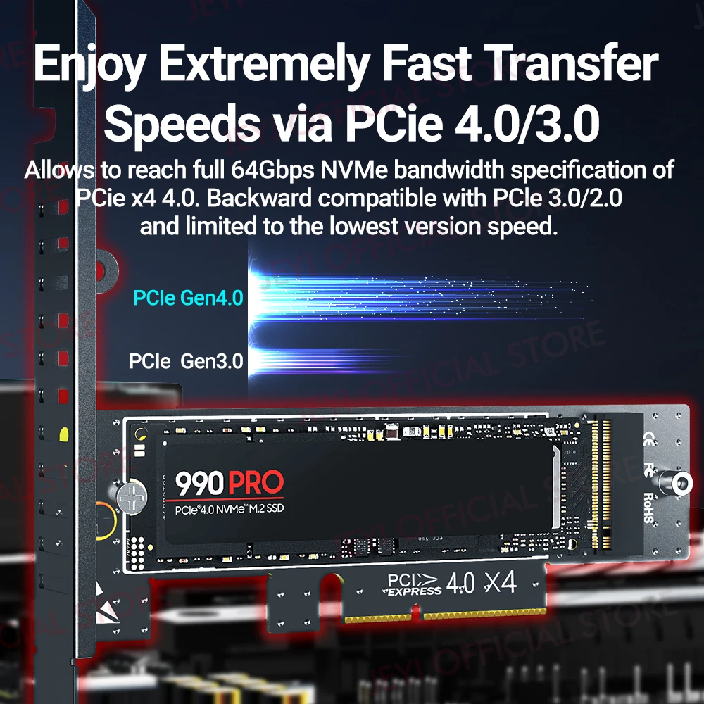 Jeyi-cartão de Expansão para Desktop M.2 Nvme para Pcie 4.0 3.0 Adaptador com Dissipador Ssd de Alumínio 64gbps Gen4 Pcie x1 x4 x8 X16 - Imagem 4