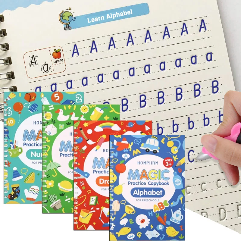 4 Libri Riutilizzabili 3D Groove Calligrafia Magica Apprendimento Pittura Inglese Pratica Quaderno Per Calligrafia Scrittura Per Bambini Libros