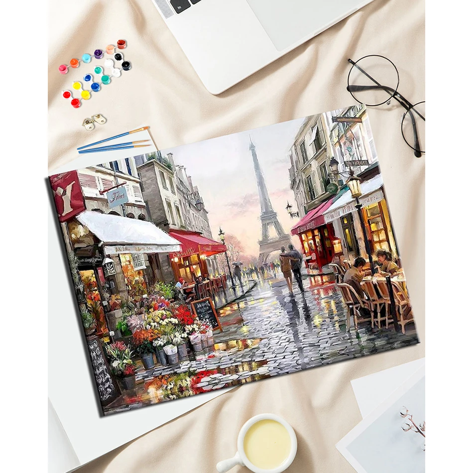 Cityscape DIY Painting Kit on Framed Canvas - Adult Hand-Painted Oil Picture