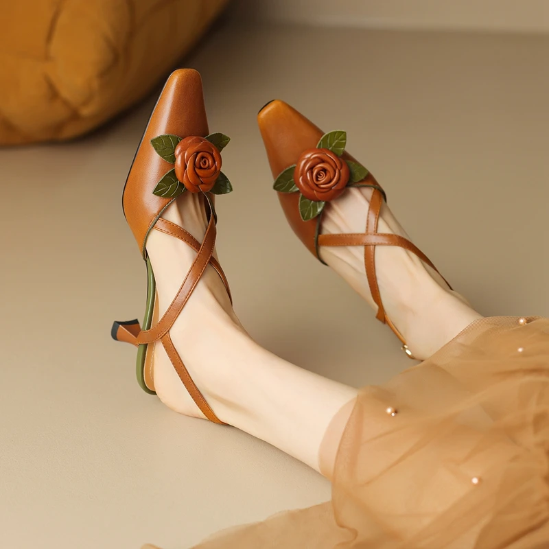 

Women's New Square Headed European and American Vintage Camellia Blossom Baotou Genuine Leather Large Heel Sandals