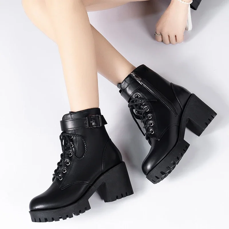 Women's Boots 2022 New Lace Up Boots for Women Fashion Knight Boots Women Round Head Chunky Heel Boots Female