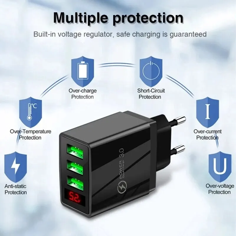 Phone Charger 5V3A Digital Display Charger Mult Port 3USB Digital Display Fast Charger Smartphone Charging Head