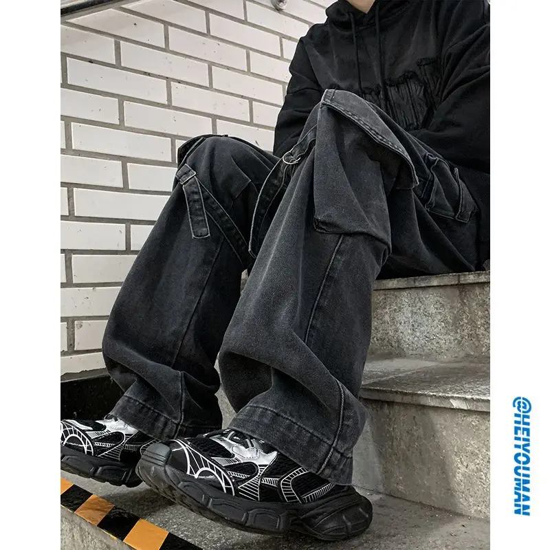 Autumn And Winter New Japanese Overalls Jeans Men And Women American Retro High Street Micro-la Washed Wide-leg Straight Pants 3
