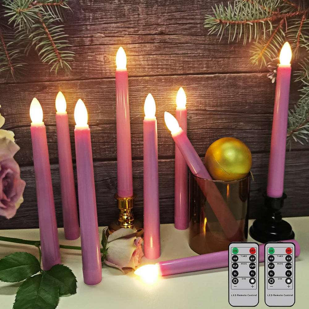 LED Christmas candles Timer Remote & 3D Flickering Flames Battery Operated Fake Candle Pink Wedding Home Decoration Long candle