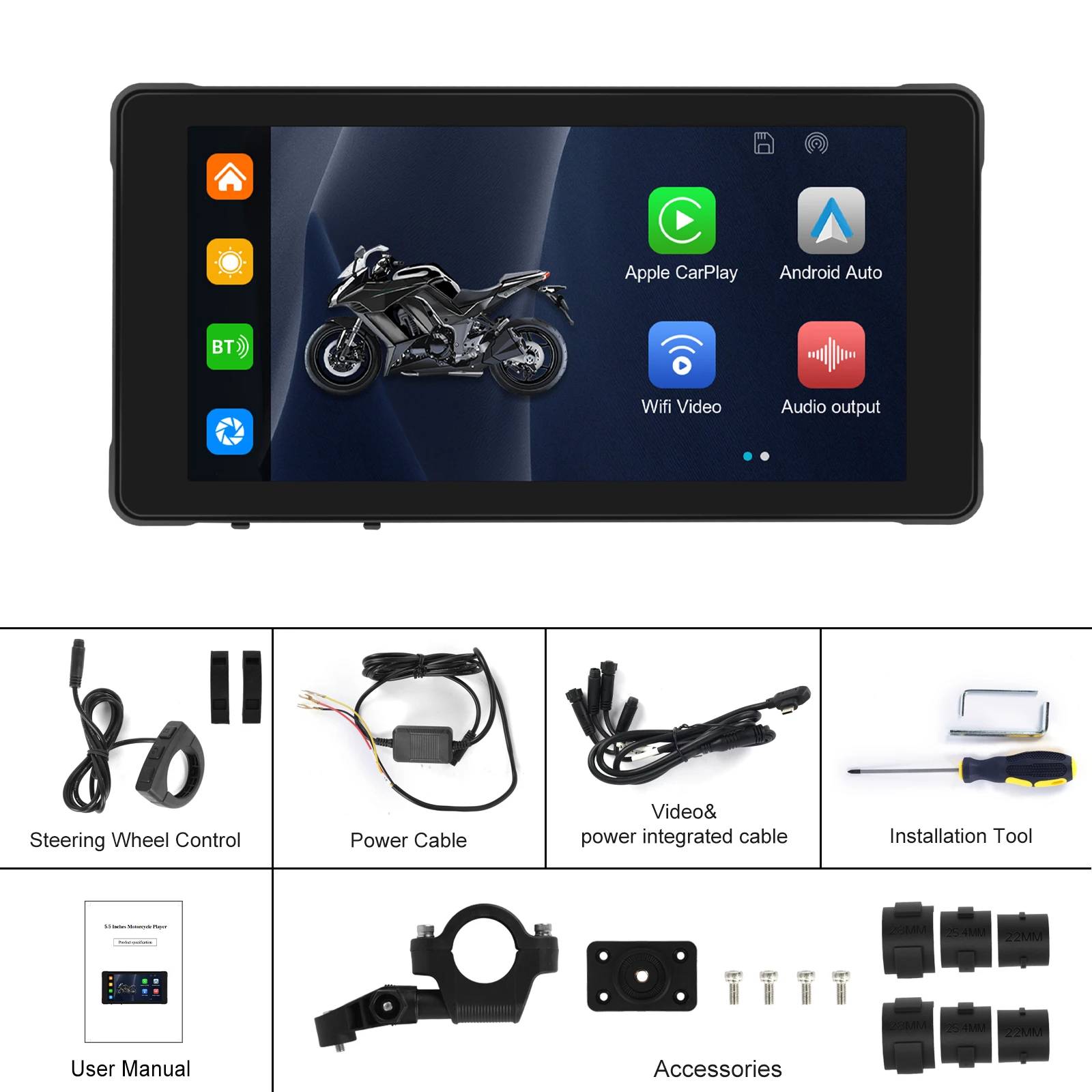 Podofo 5.5\'\' Motorcycle Portable IP67 Waterproof Wireless Carplay Android Auto Car Monitor Bluetooth WIFI DVR Drive Recorder