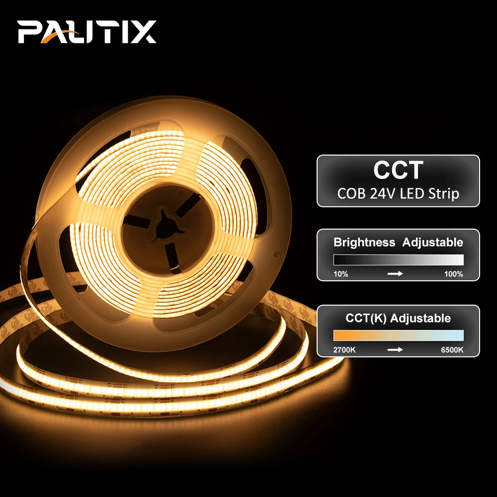 PAUTIX CCT COB LED Strip 5m 10m DC 24V 640LEDs/m High Density Flexible Dimmable Tunable 2700K-6500K linear Light Strip for Decor