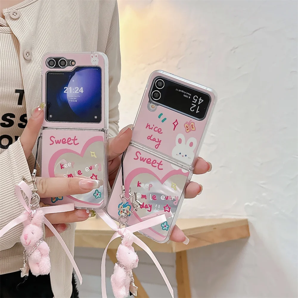 Stylish Mirror Cartoon Bear Phone Case with Bracelet and Slim Plating Design