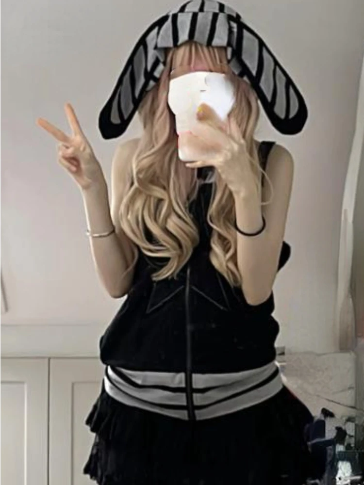 

2023 Zipper Streetwear Tank Top Women Y2k Aesthetic Hooded Patchwork Stripe Fashion Grunge Tanks Sleeveless Harajuku Tanks Tees