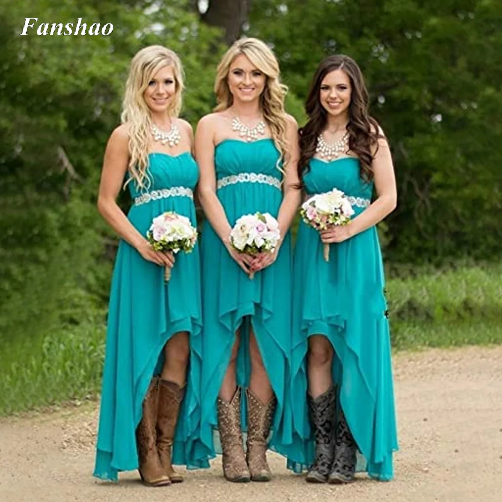 

Fanshao pd317 High Low Chiffon A-line Party Dress Appliques Sash Strapless Maid of Honor Sleeveless Party Gowns Homecoming Wear