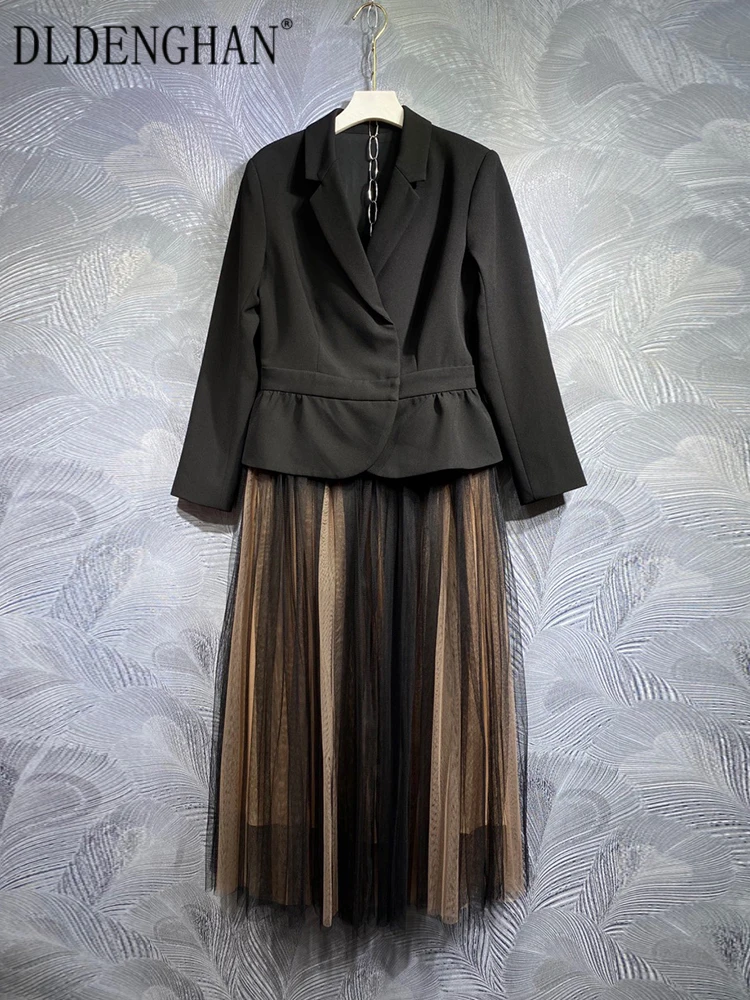 

Осенний костюм DLDENGHAN, Женская куртка с отложным воротником и длинным рукавом + сетчатая длинная фототкань, комплект из 2 предметов, модный дизайнерский Новый