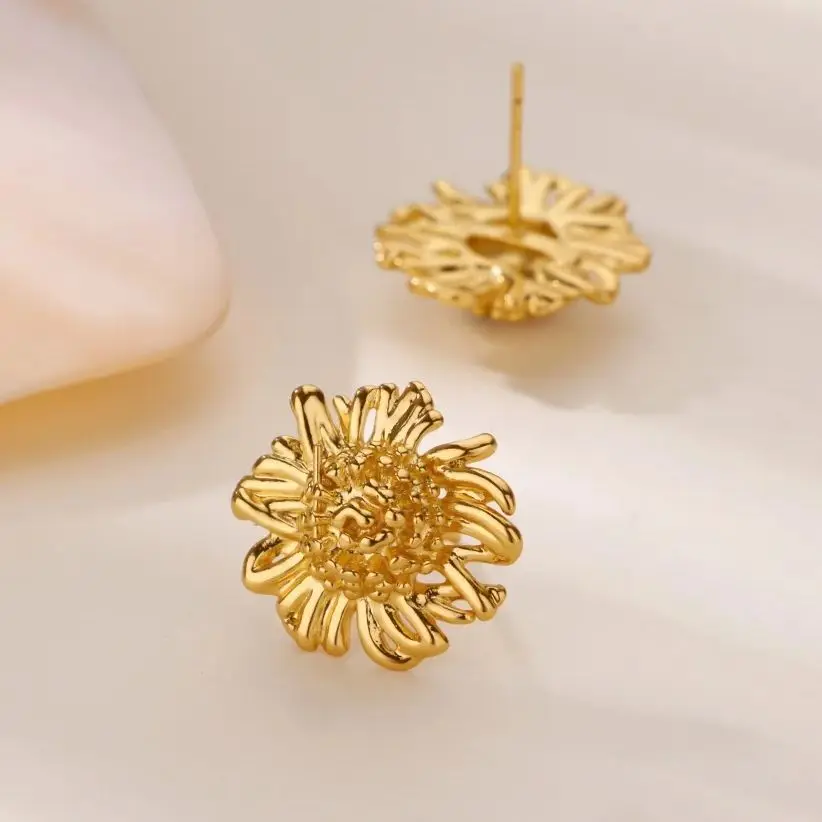 Classic Sunflower Stud Earrings For Women Gold Color Stainless Steel