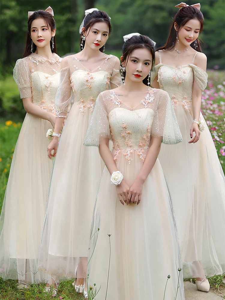 Off Shoulder Tulle Bridesmaid Dress Women Sequin Appliques A-line Sweet Choir Homecoming Dress Simple Elegant Graduation Gown