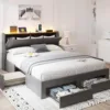 Queen Bed Frame with Storage Headboard & 4 Drawers, Upholstered Bed with LED Lights & Charging Station, Solid Wood Slats Support 6