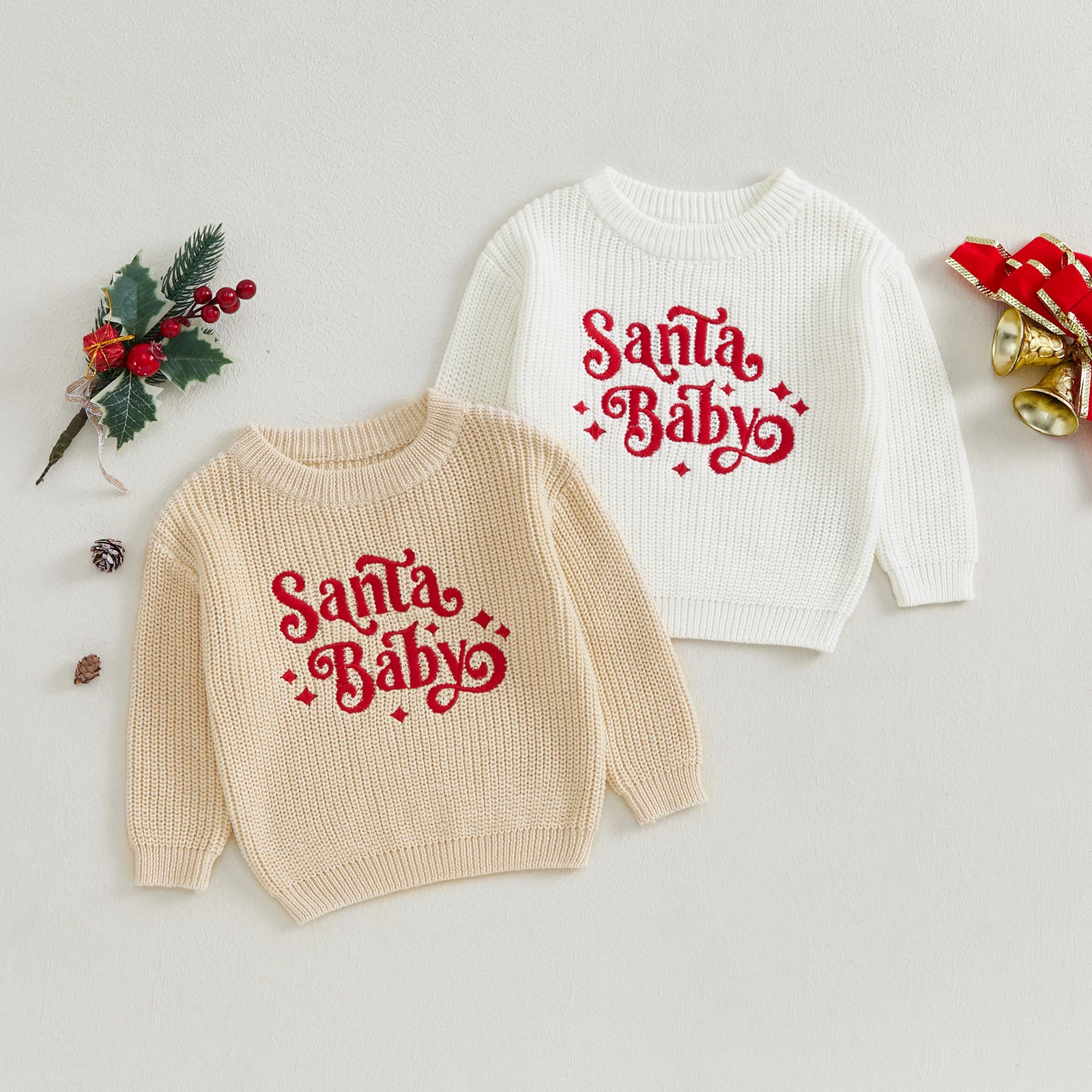 Santa Baby Knit Jumper Boy Girl Christmas Sweater Winter Warm Letter Embroidery Long Sleeve Kid Knitwear Pullover Top