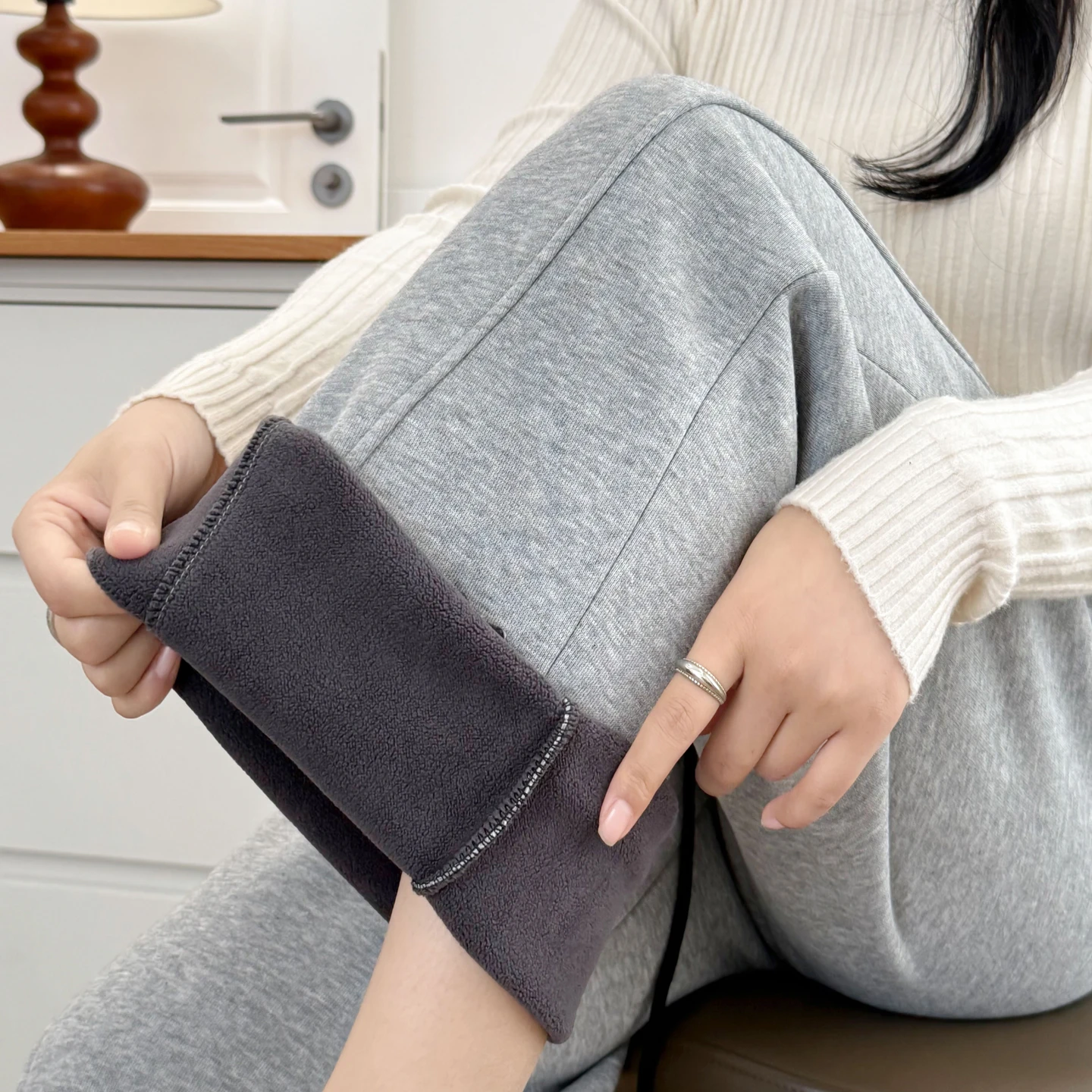 XXXXL Fashion Plus Size Women's Straight Pants Casual New Winter Style Simple Block Color Waist Fleece Warm Curved Trousers