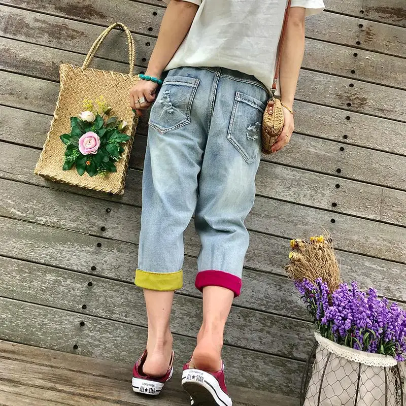 여름용 얇은 레트로 패치워크 자수 밴딩 허리 홀 컬러 블록 루즈핏 플러스 사이즈 청바지 여성 슬리밍 9부 팬츠