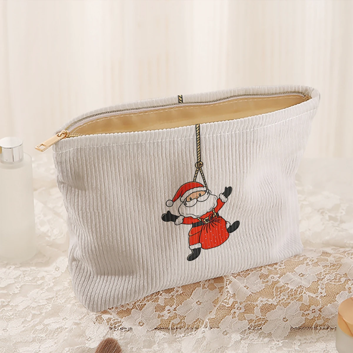 1 Christmas themed corduroy makeup bag, lightweight zipper makeup storage box, multifunctional bag with lining