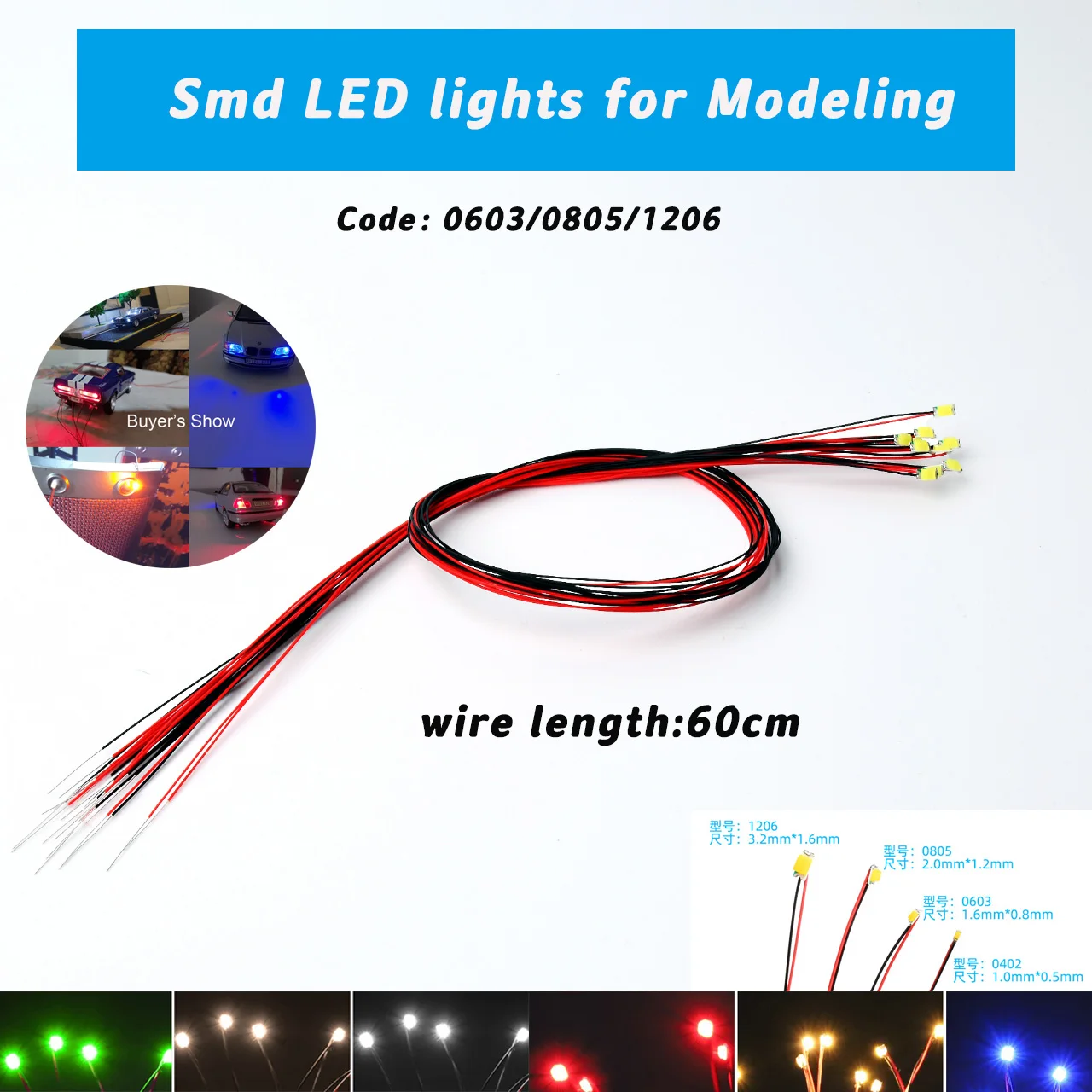 20 Pz 3V 0603 0805 1206 Micro Smd Led Lampada Personalizzata Lunghezza Del Filo 60Cm Led Cablato Pre-Saldato Micro Litz Modellazione Auto/Robot
