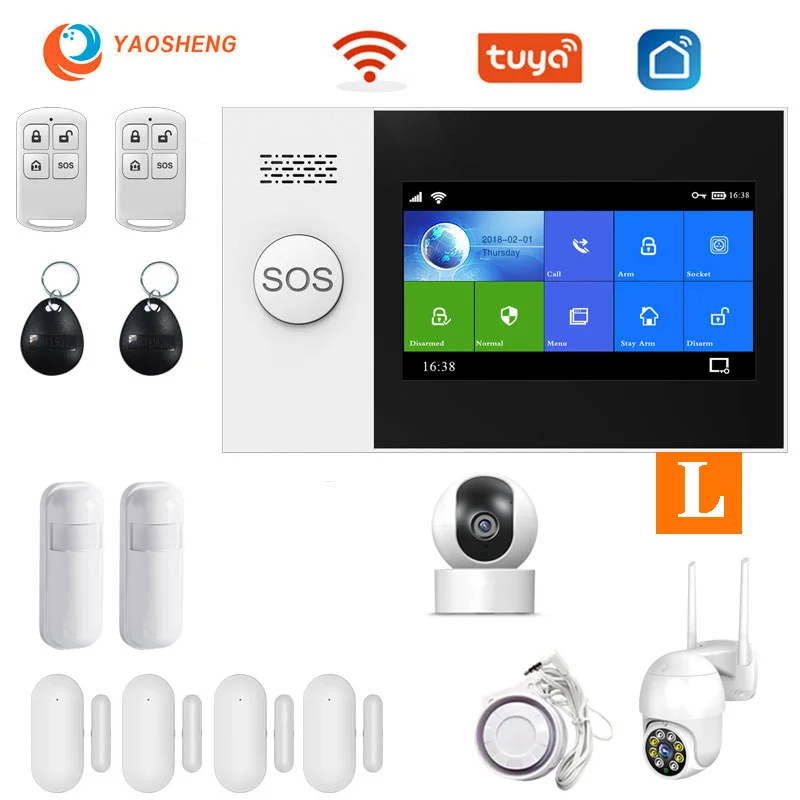 YS PG107 Tuya Security Alarm System Kit Smartlife App Control With Ip Camera Auto Dial Motion Detector WIFI Gsm Home Smart Alarm ring keypad red light Alarms & Sensors