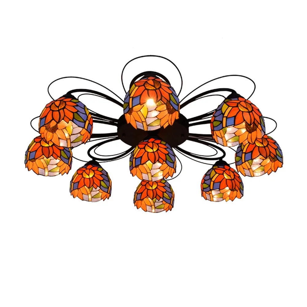 

Tiffany 9 Multi-head Ceiling Lamp Blue Sunflower Painted Glass Lamp Living Room Dining Room Bedroom Ceiling light