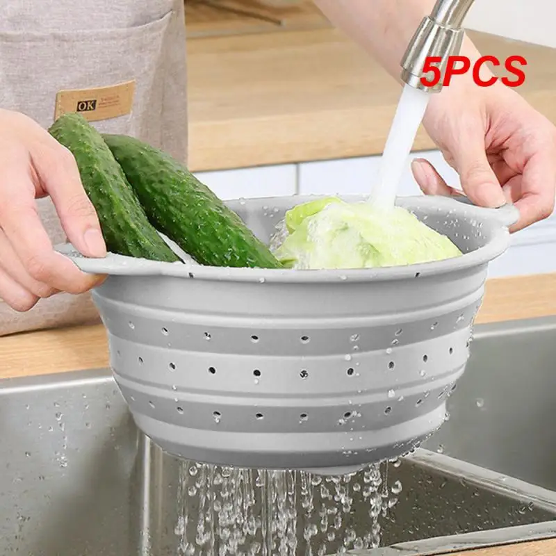 

5PCS Simple Tool Durable Drain Basket Portable Household Storage Telescopic Fruit Practical Kitchen Convenient Silica Gel