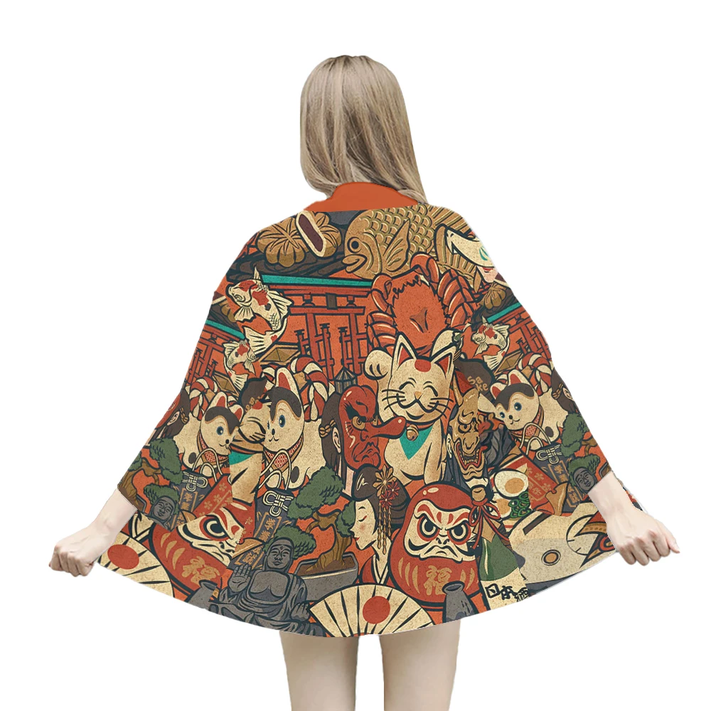 Dämon Samurai Katze gedruckt Strickjacke Kimono Frauen & Männer Japan traditionelle Haori japanische Harajuku Sommer Strand Streetwear Yukata – Detail 3