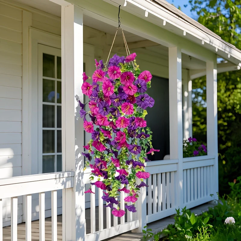 Künstliche Morning Glory Reben & Eukalyptus – 4 Stück (rot & Orange), UV-beständig, Für Garten, Terrasse & Innendekoration, Flexibel Formbar