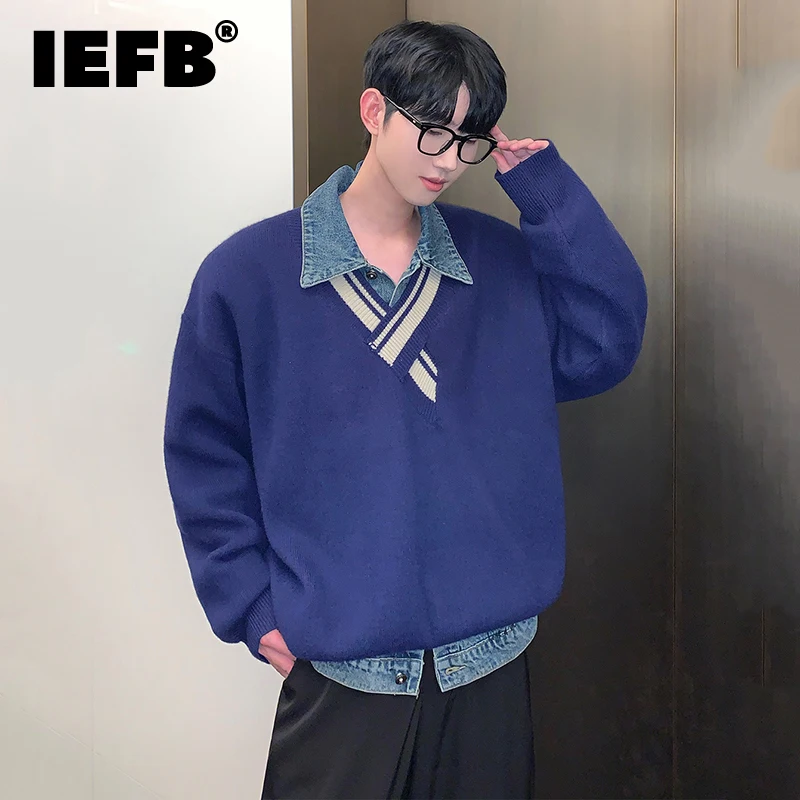 

IEFB Trend Men's Sweater Niche Design Irregular V-neck Knitted Pullovers Fashion Korean Style Stripe Spliced Sweatshirts 9C2473