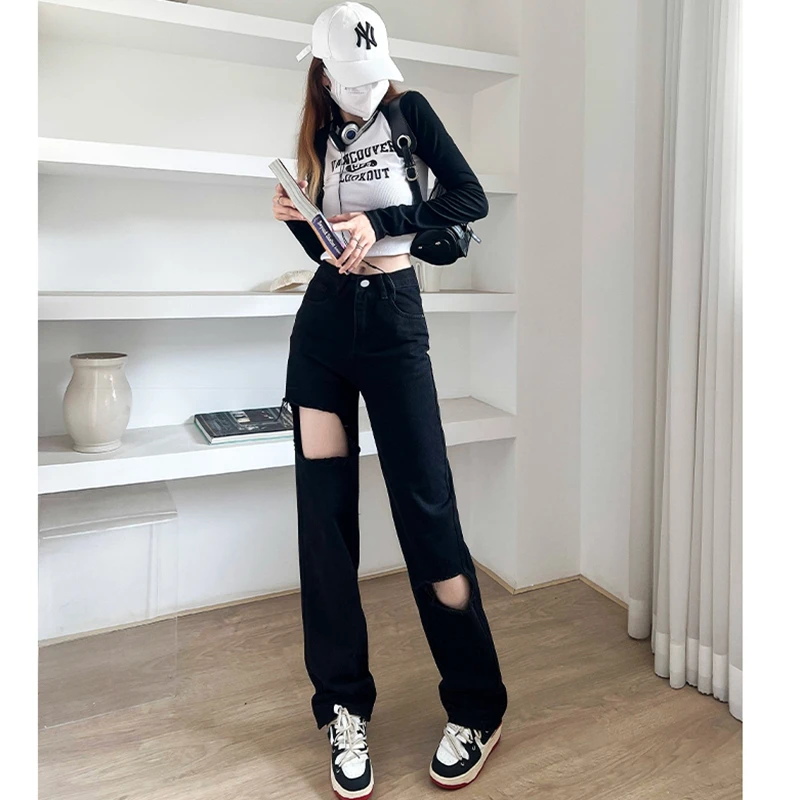 

2023 Women's Jeans High Waist Straight Barrel Perforated Design Black Wide Leg Casual Free Shipping